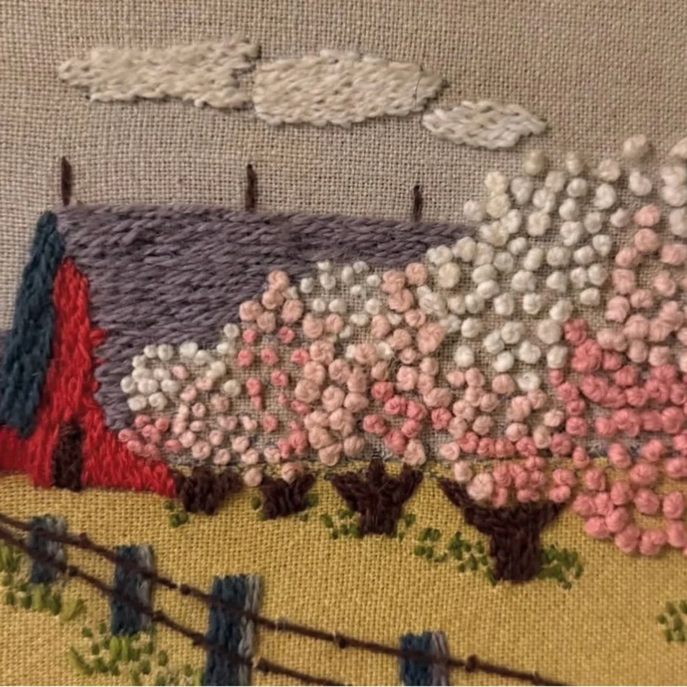 Framed Embroidered Crewel Landscape Art - Picture 4 of 5